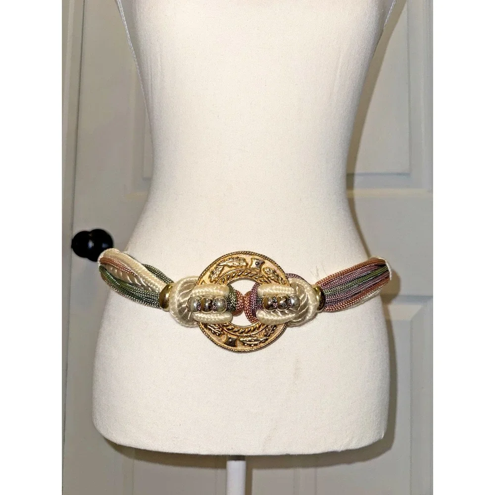 Vtg 80s Fashion Multi Colored Gold Disk Corded Beaded Stretch Belt M/L Statement